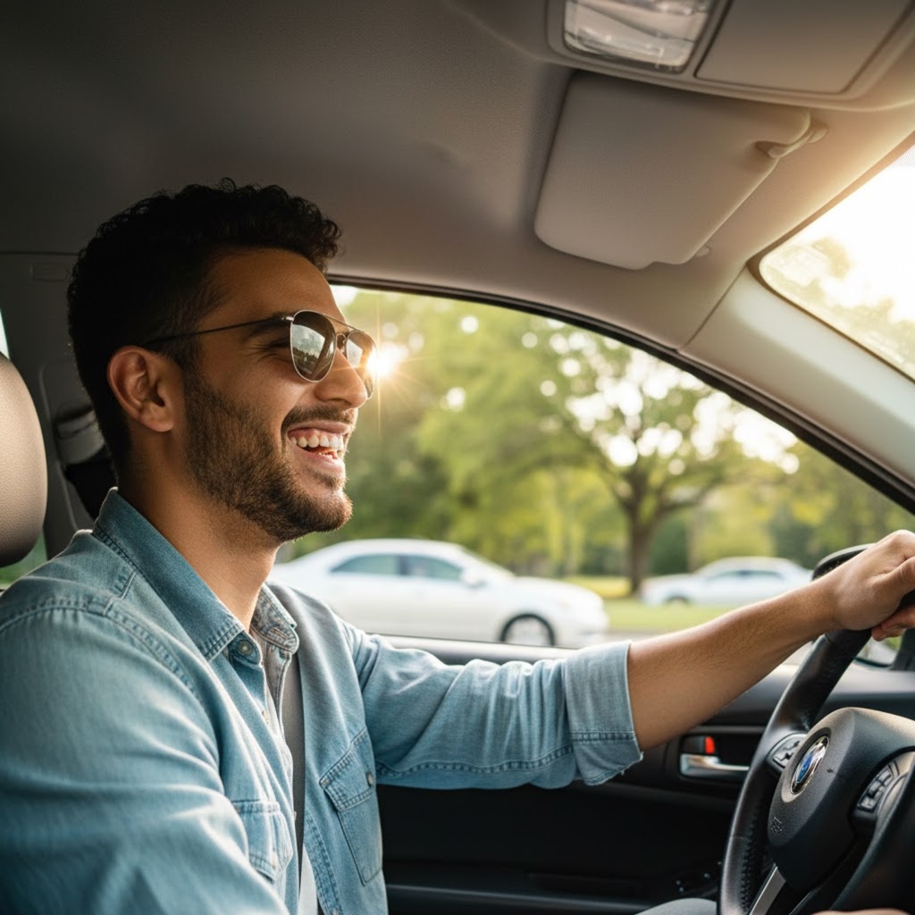 Hombre conduciendo un coche en un día soleado