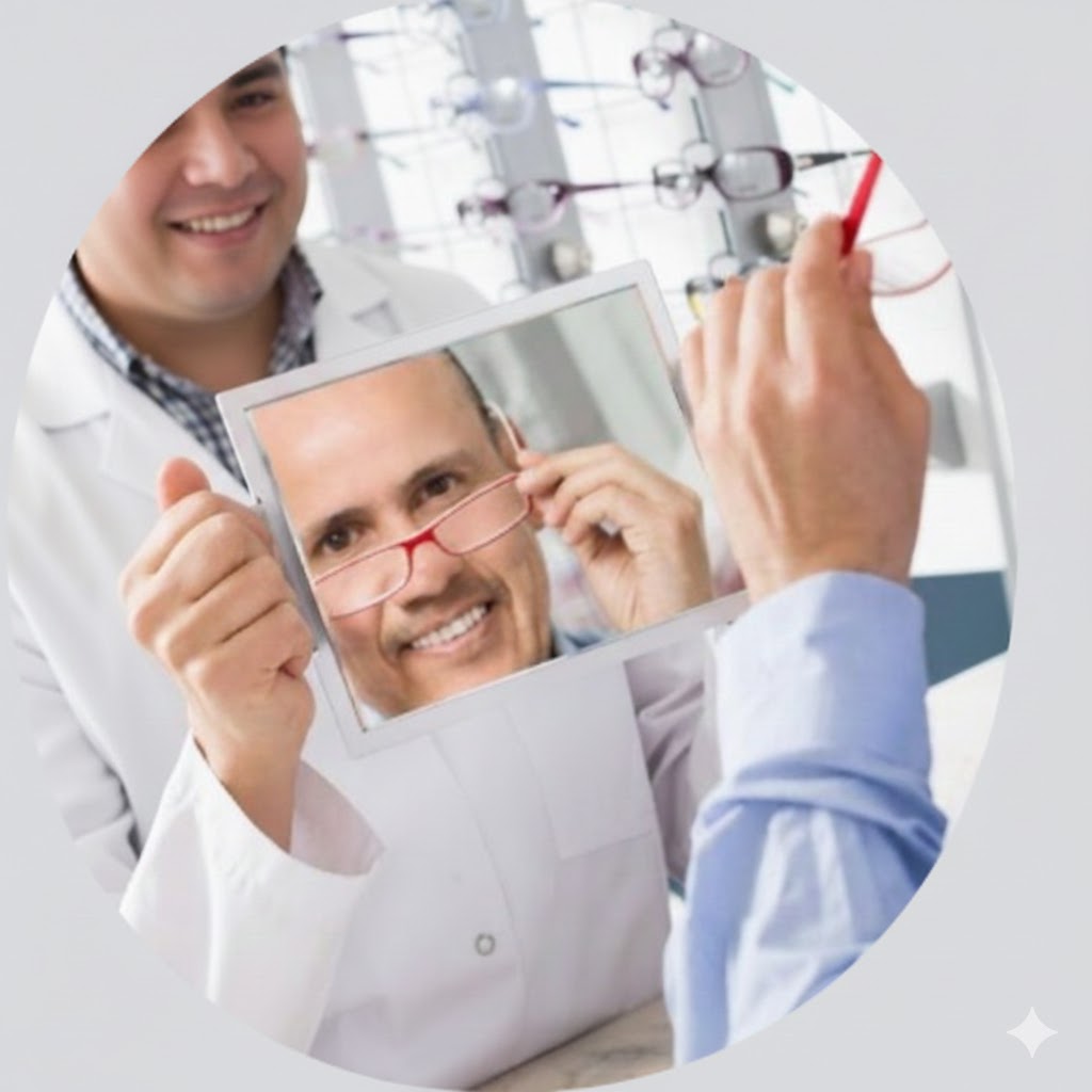 Optometrista amable ayudando a un paciente con gafas nuevas